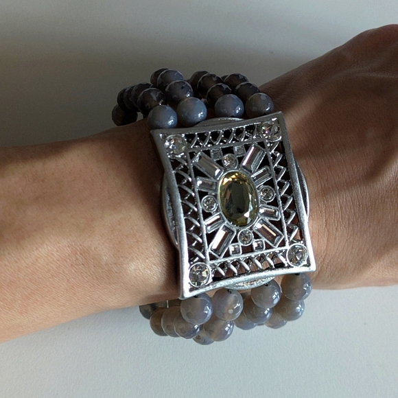 Lia Sophia Kiam Collection Natural Gray Agate Stone Beads Stretch Bracelet - Picture 1 of 5